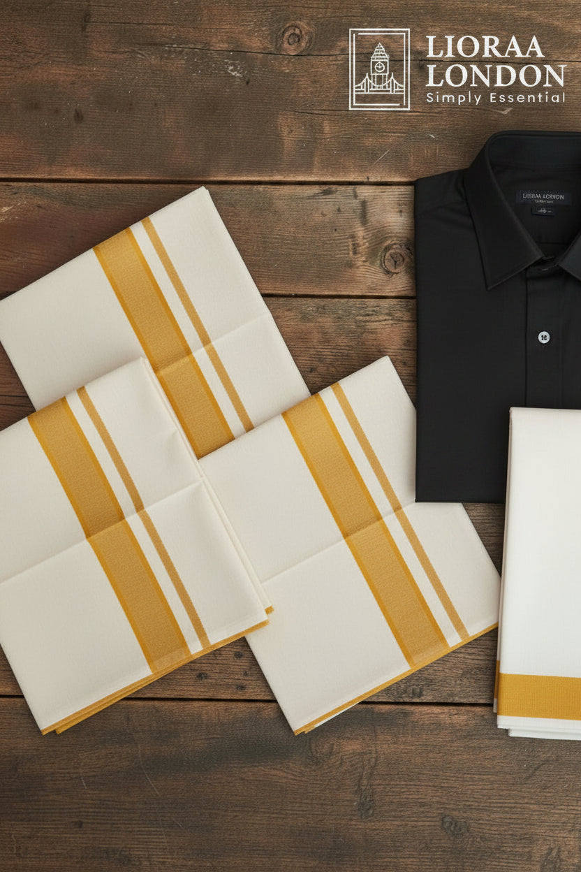 Double Golden Kasavu Off-White Dothie 1.5 INCH Kasavu | 4 Meter Off-White Kerala Mundu | 100% Pure Cotton