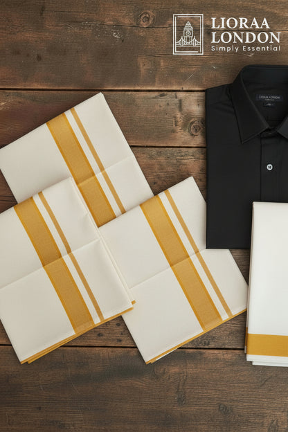 Double Golden Kasavu Off-White Dothie 1.5 INCH Kasavu | 4 Meter Off-White Kerala Mundu | 100% Pure Cotton