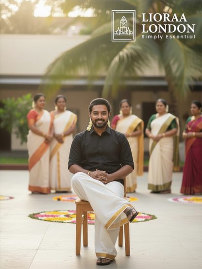 Double Dhoti with Black Kara Border - 4 Meter Off-White Kerala Mundu | 100% Pure Cotton | Onam Traditional Wear