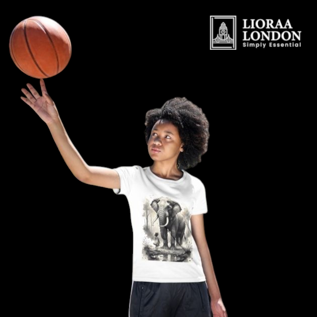 Lioraa London Ltd unisex white cotton t-shirt featuring a wild elephant and girl ink-wash graphic on a basketball court