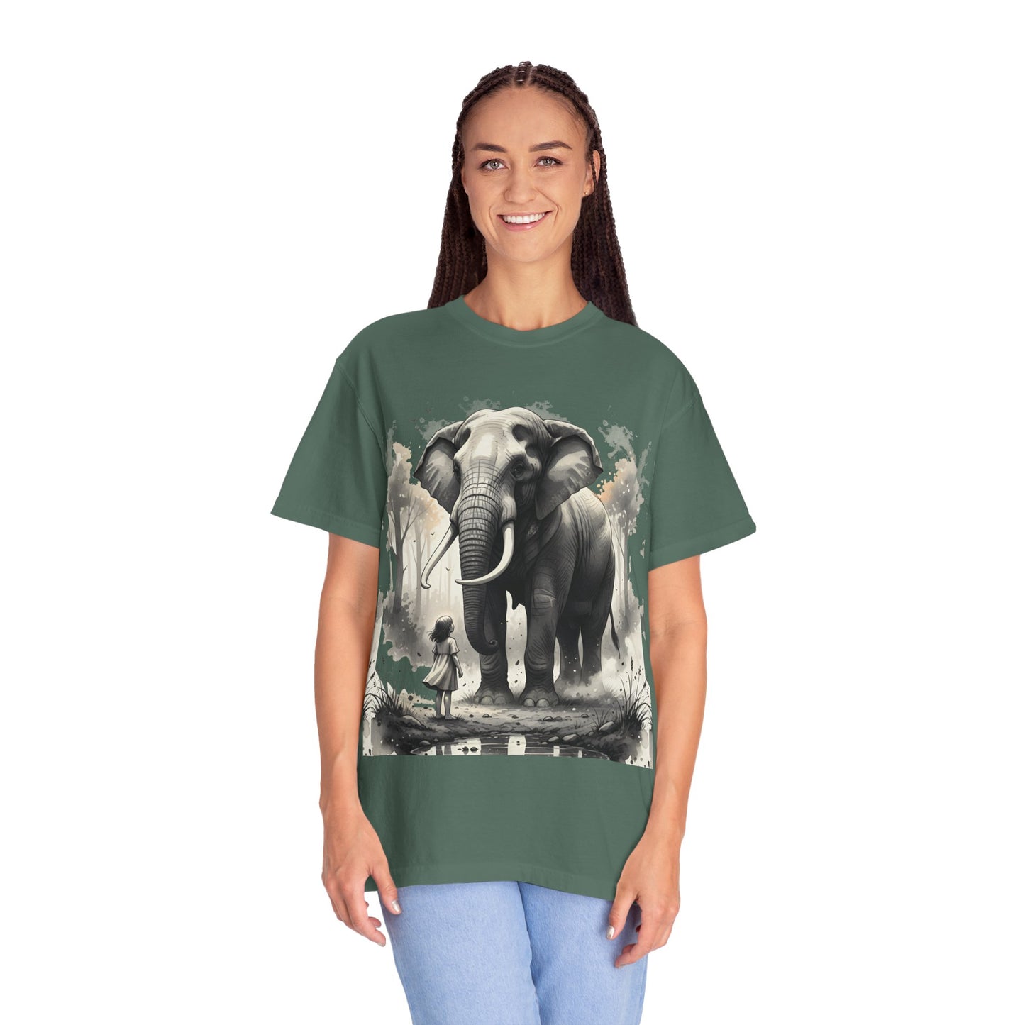 Elephant & Girl Graphic T-Shirt | Vintage Wildlife Illustration T-Shirt for Nature Lovers