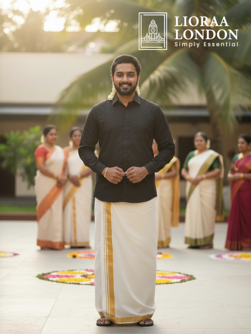 Double Golden Kasavu Off-White Dothie 1.5 INCH Kasavu | 4 Meter Off-White Kerala Mundu | 100% Pure Cotton