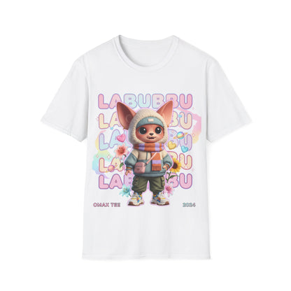 White t-shirt with cartoon character and colorful text on a white background