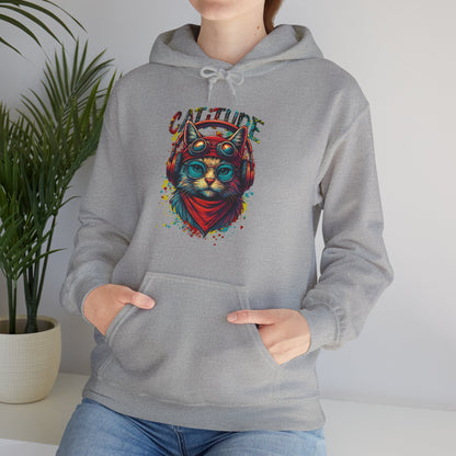 Person wearing a gray hoodie with a colorful cat design and 'Catitude' text.