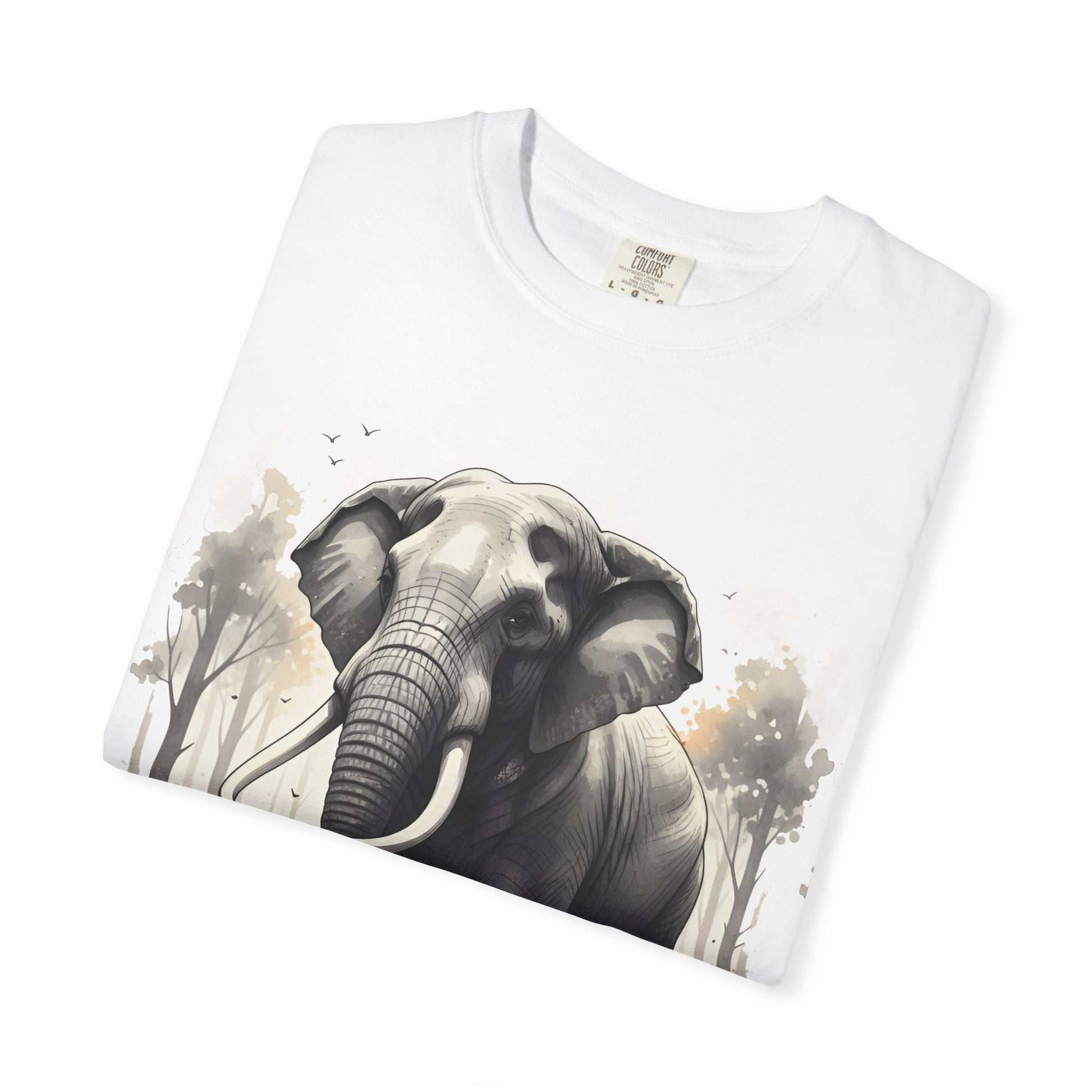 White t-shirt with an elephant graphic on a white background