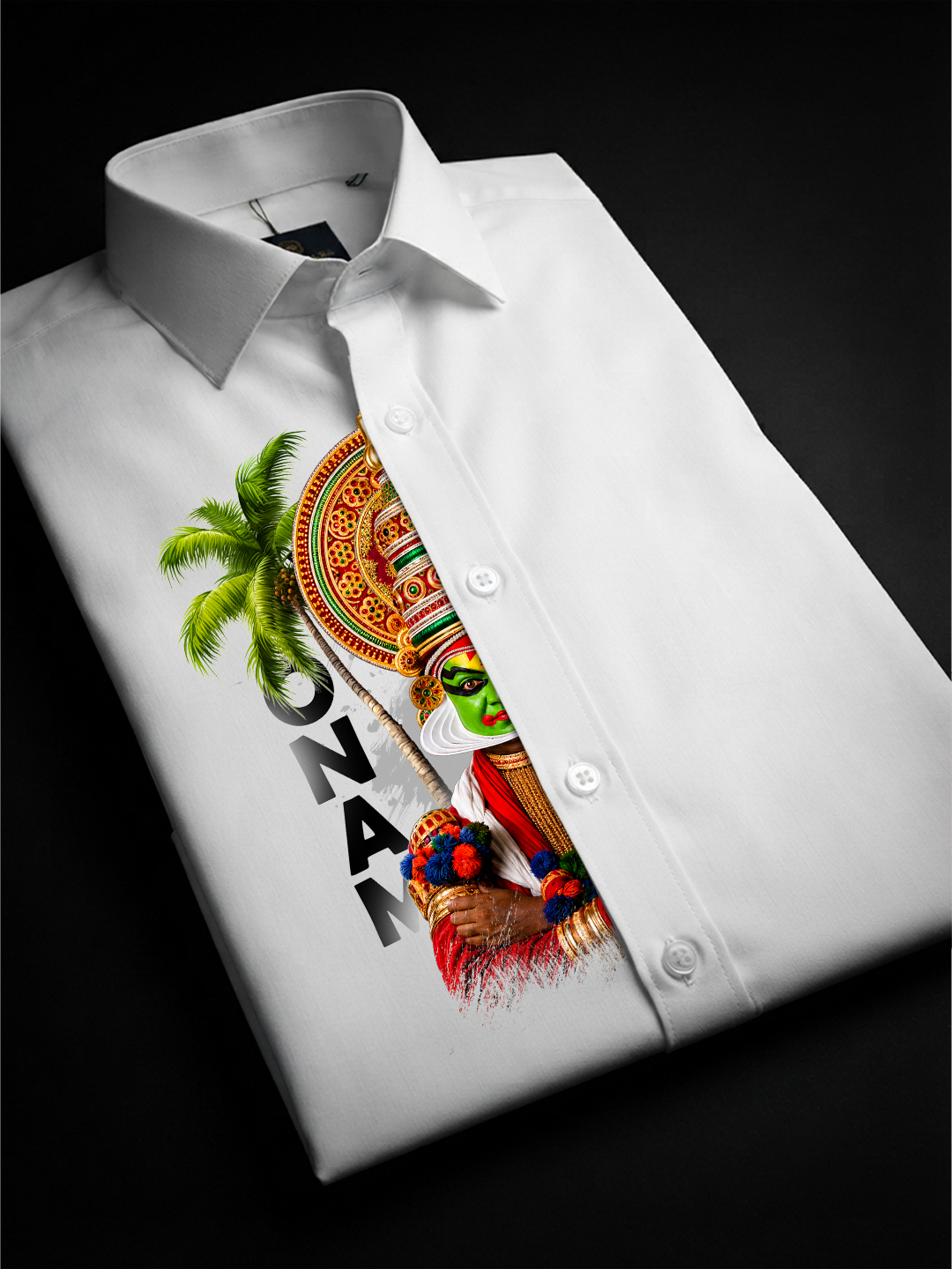 Onam Kathakali Print Combo Set - Off-White Double Dhoti with Black Border + Kathakali Print Shirt for Men | 4M Pure Cotton