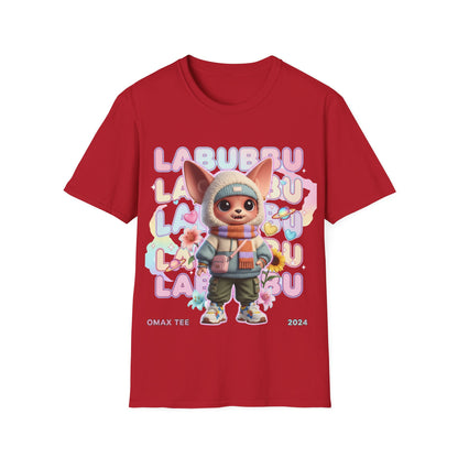 Red t-shirt with cartoon character and 'LABUBU' text on a white background