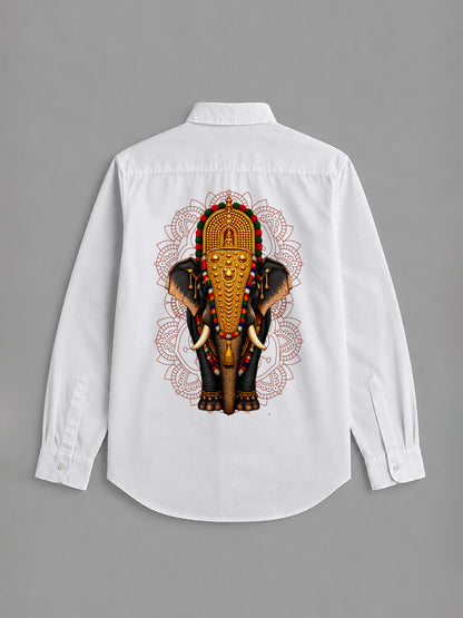 Onam Special Elephant Print Combo Set - Double Dhoti + Shirt for Men | 4M Off-White Mundu with 1.5-Inch Golden Kasavu Border