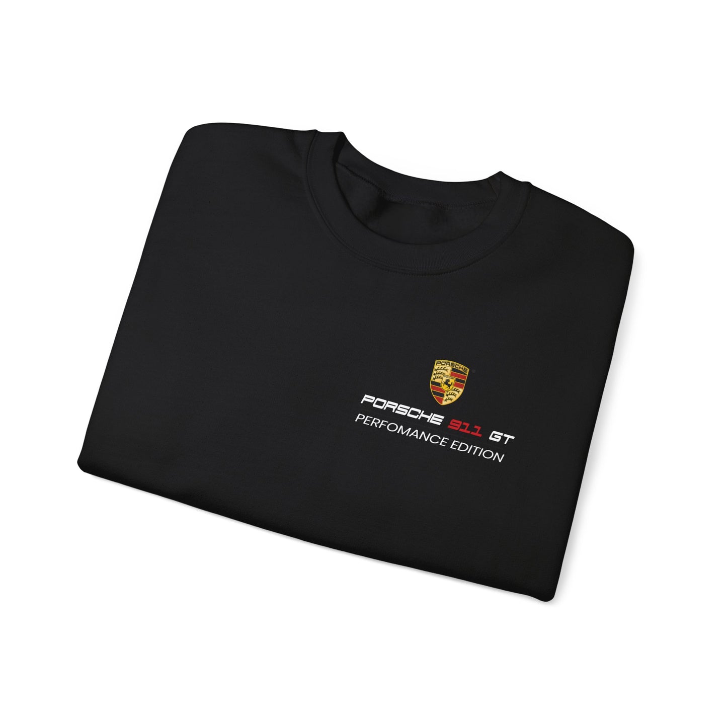 Folded black t-shirt with Porsche logo and text on a white background