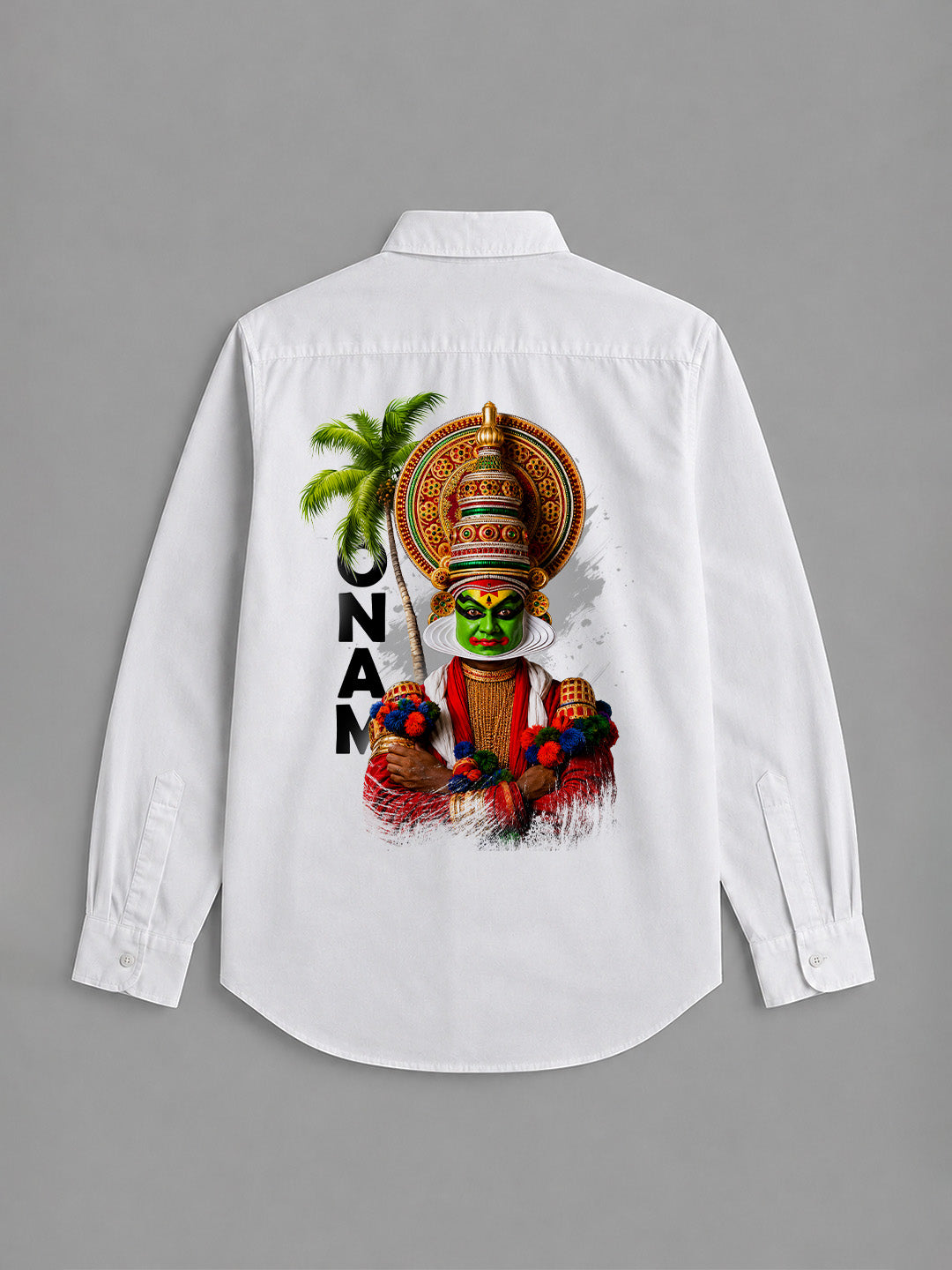Onam Kathakali Print Combo Set - Off-White Double Dhoti with Black Border + Kathakali Print Shirt for Men | 4M Pure Cotton