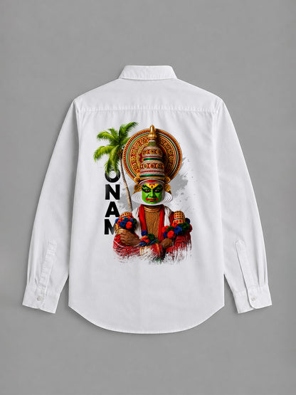 Onam Kathakali Print Combo Set - Off-White Double Dhoti with Black Border + Kathakali Print Shirt for Men | 4M Pure Cotton