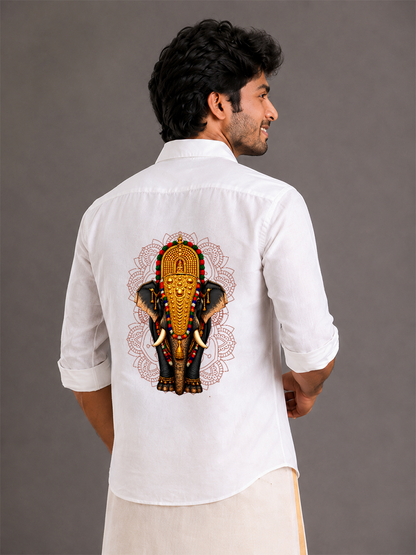 Onam Special Elephant Print Combo Set - Double Dhoti + Shirt for Men | 4M Off-White Mundu with 1.5-Inch Golden Kasavu Border