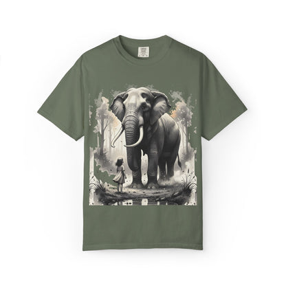Green t-shirt with an elephant and person graphic on a white background