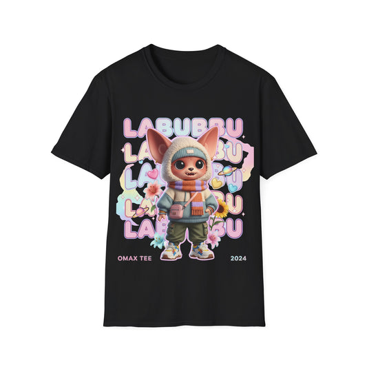 Black t-shirt with cartoon character labubbu and colorful text on a white background