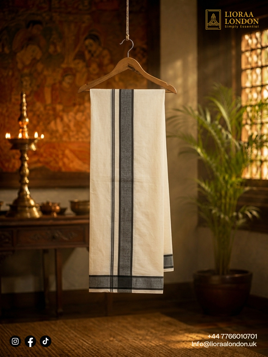 Double Dhoti with Black Kara Border - 4 Meter Off-White Kerala Mundu | 100% Pure Cotton | Onam Traditional Wear