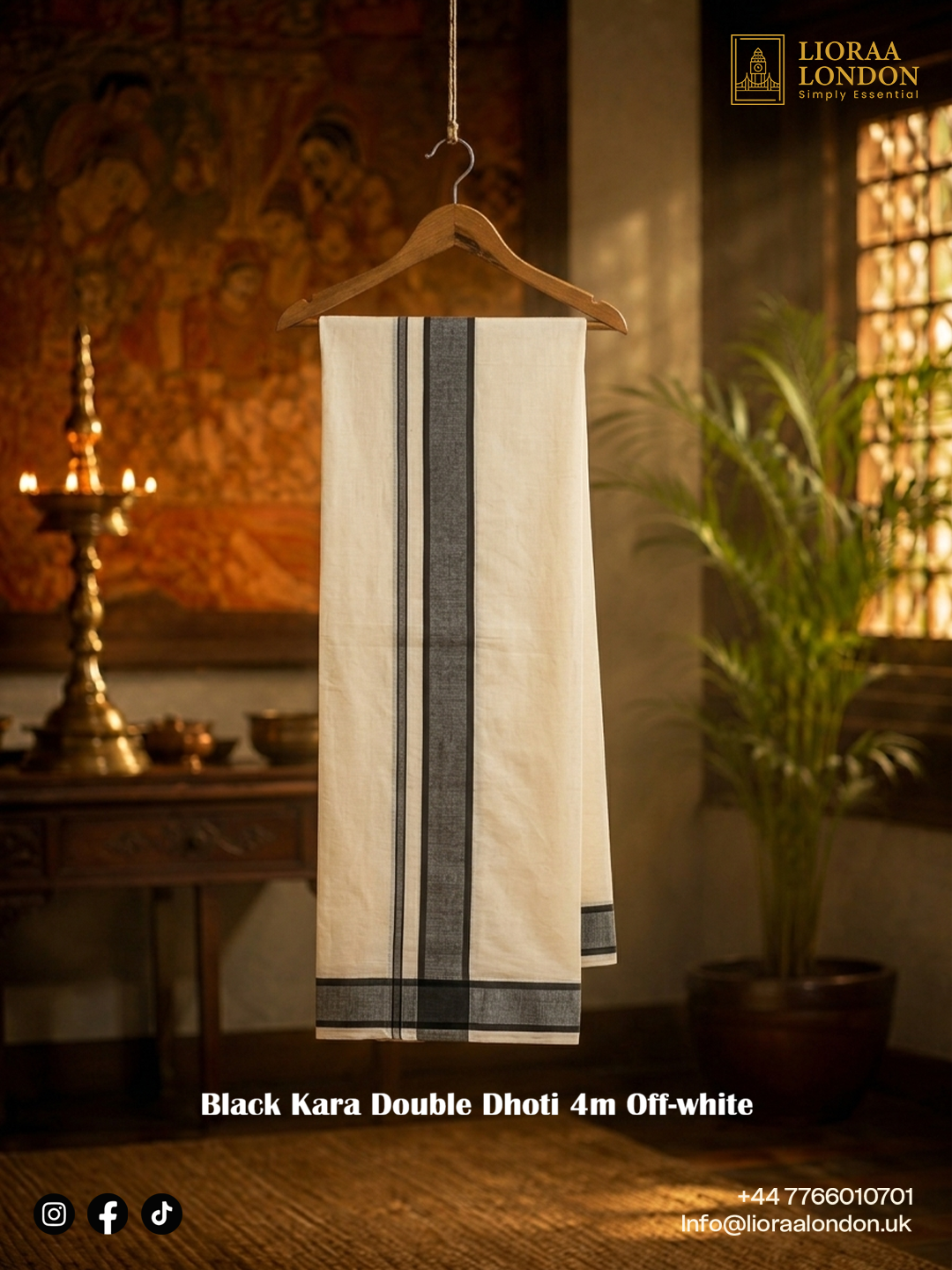 Double Dhoti with Black Kara Border - 4 Meter Off-White Kerala Mundu | 100% Pure Cotton | Onam Traditional Wear
