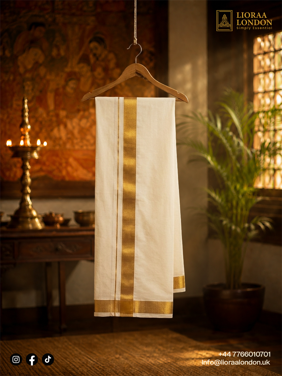 Double Golden Kasavu Off-White Dothie 1.5 INCH Kasavu | 4 Meter Off-White Kerala Mundu | 100% Pure Cotton