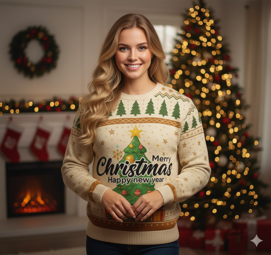 Woman wearing a festive sweater with Christmas and New Year's text, standing in a decorated room with a tree and stockings.
