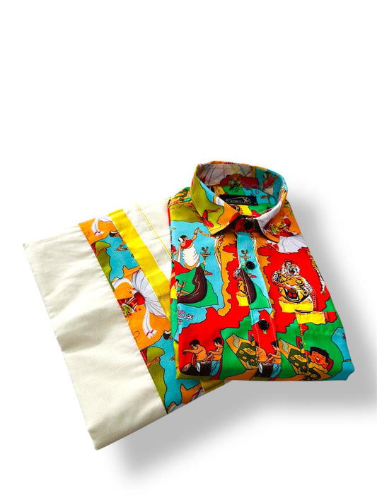 Onam special combo with Kerala dhoti and colorful printed shirt for festive wear.