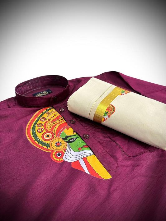 Burgundy Kathakali Printed Kurtha and Dhoti Combo