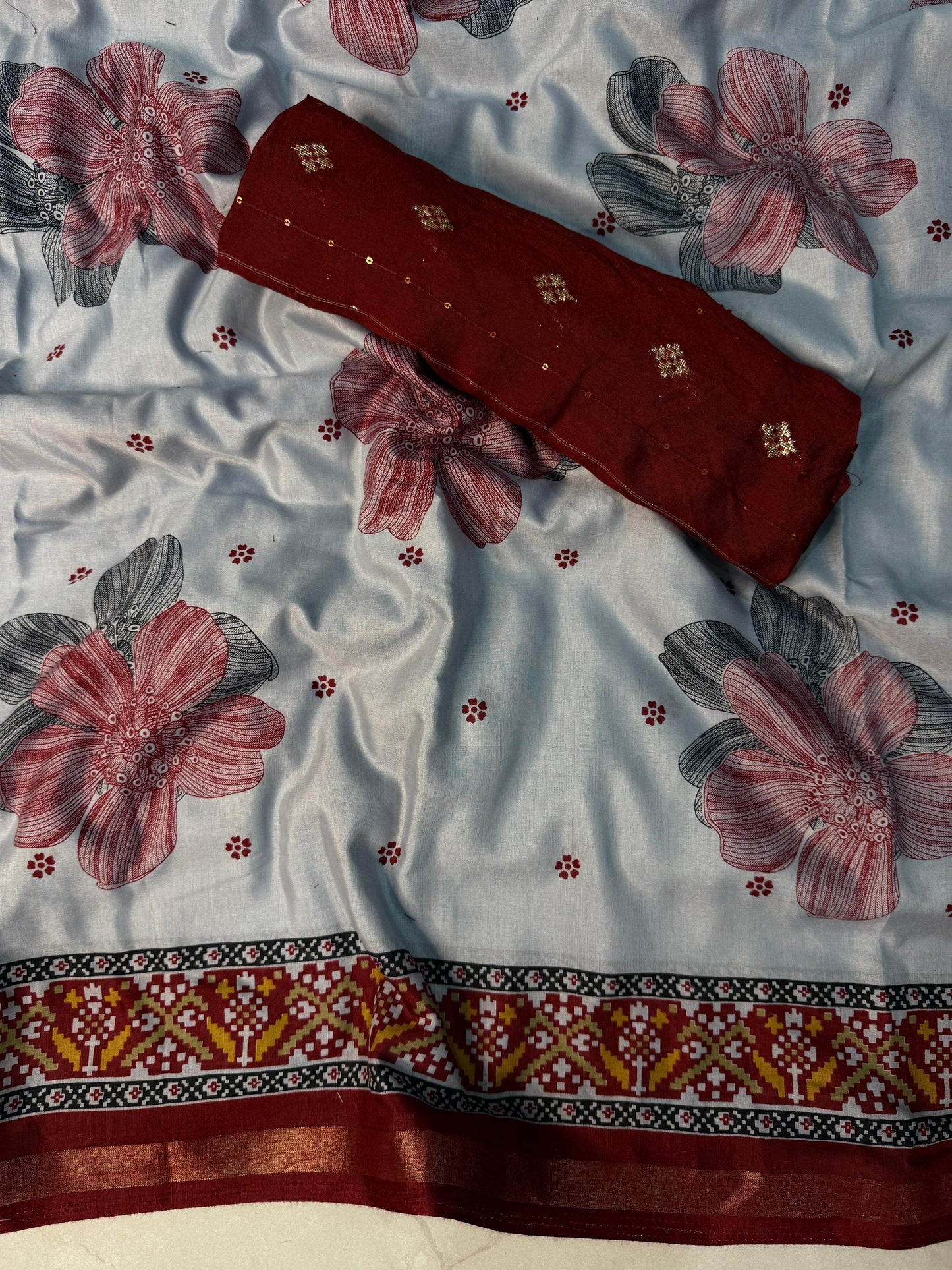 Super Mul Mul Cotton  Bandhej  Flower Saree - Maroon