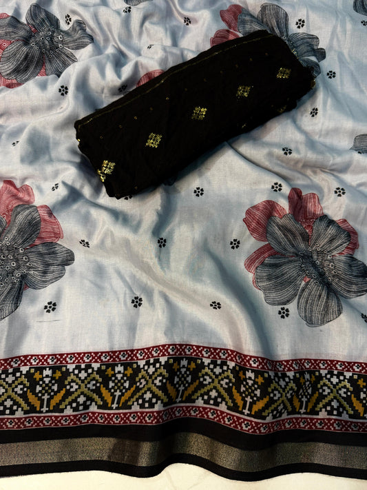 Super Mul Mul Cotton  Bandhej  Flower Saree - Black
