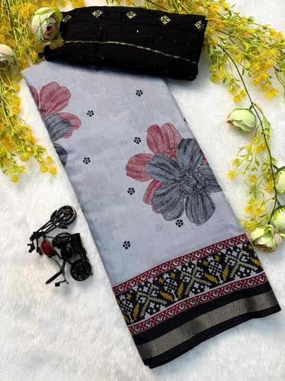 Super Mul Mul Cotton  Bandhej  Flower Saree - Black
