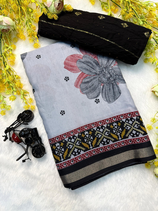 Super Mul Mul Cotton  Bandhej  Flower Saree - Black