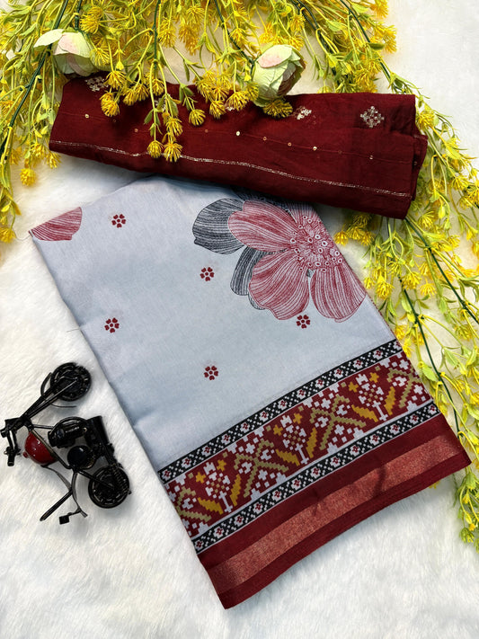 Super Mul Mul Cotton  Bandhej  Flower Saree - Maroon