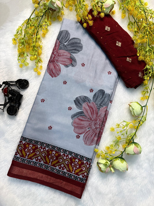 Super Mul Mul Cotton  Bandhej  Flower Saree - Maroon