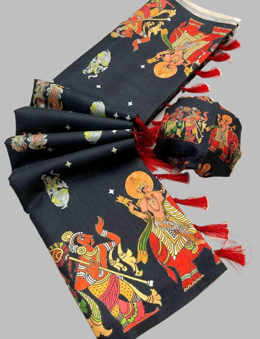 Handloom Tussar Silk Kalamkari Printed Saree - Black