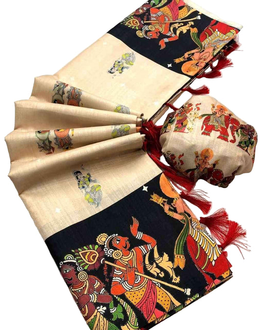 Handloom Tussar Silk Kalamkari Printed Saree
