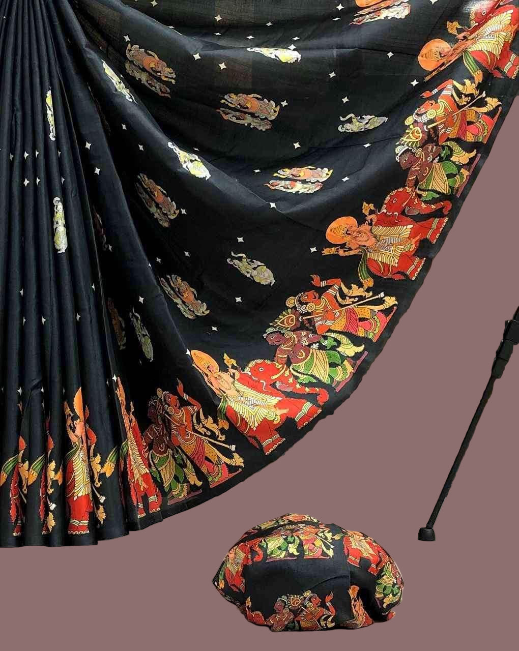 Handloom Tussar Silk Kalamkari Printed Saree - Black