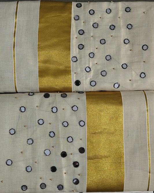 golden tissue saree with mirror work