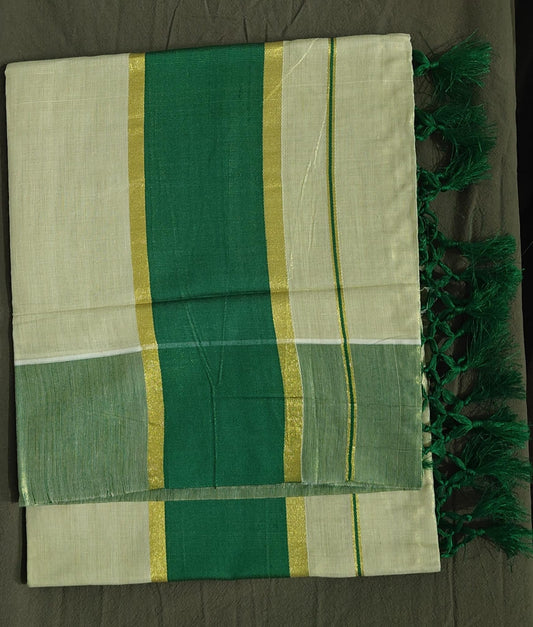 Green and white striped set saree with tassels on a dark background