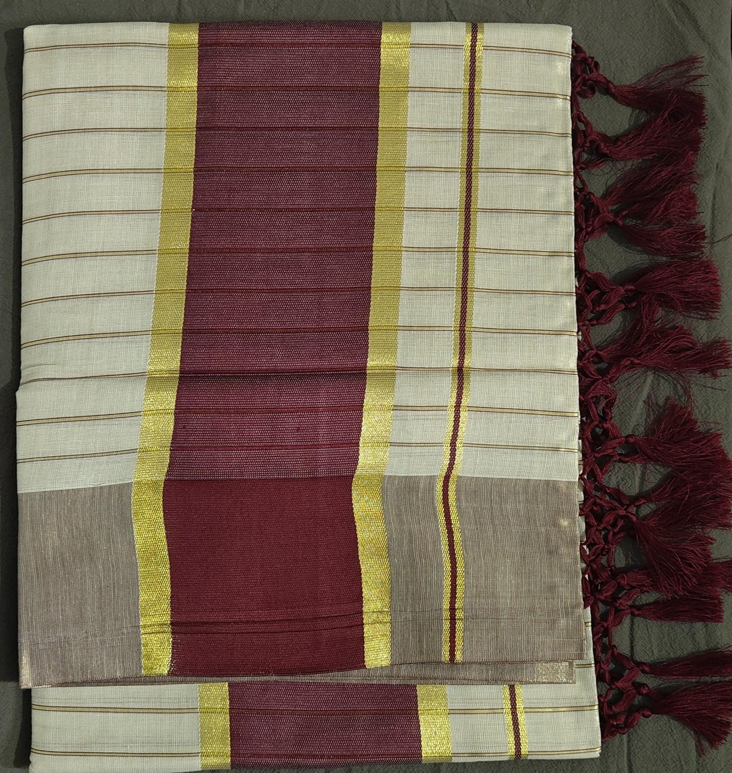Kerala Set Saree with Brown Border & Golden Line