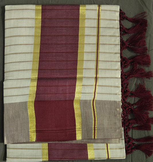 Kerala Set Saree with Brown Border & Golden Line