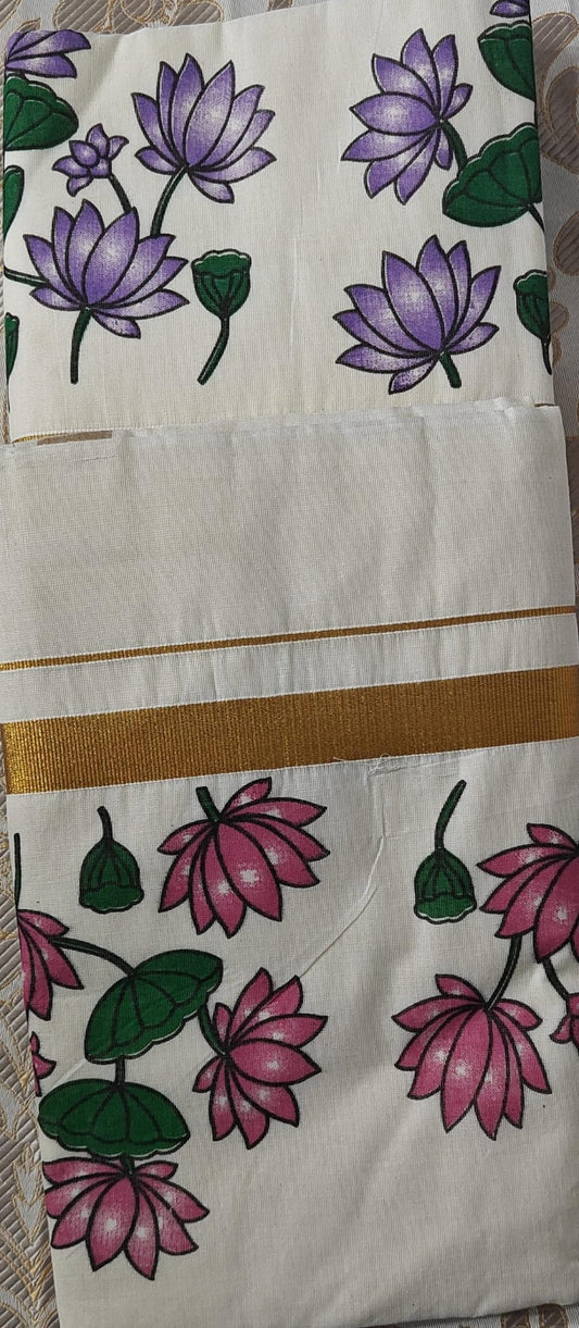 Kerala Set Saree with Lotus Floral Design
