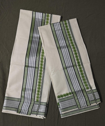 Set Mundu Green & Silver Line Pallu  3 Inch Kasavu