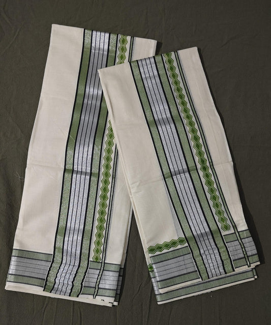 Set Mundu Green & Silver Line Pallu  3 Inch Kasavu