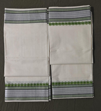 Set Mundu Green & Silver Line Pallu  3 Inch Kasavu