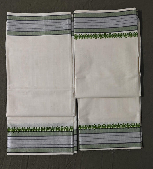 Set Mundu Green & Silver Line Pallu  3 Inch Kasavu