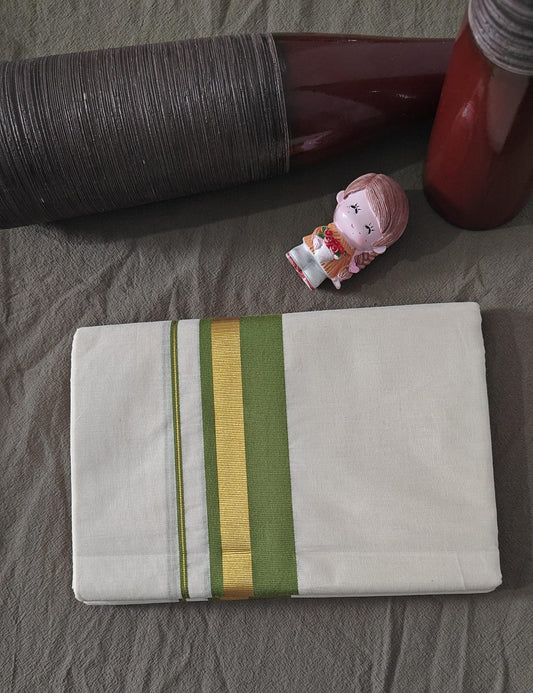 DOUBLE DHOTHI LIGHT GREEN AND GOLDEN BORDER