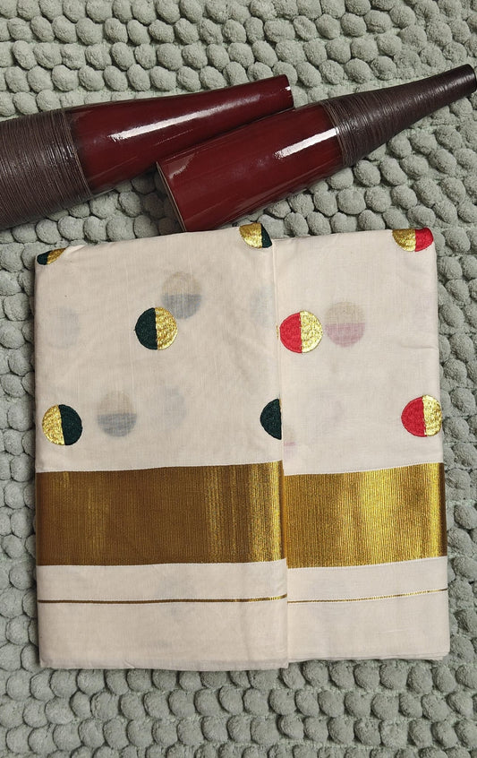 Kasavu Saree with Dual-Tone Red & Gold Embroidery 