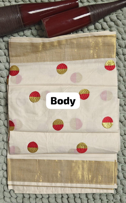 Kasavu Saree with Dual-Tone Red & Gold Embroidery body part