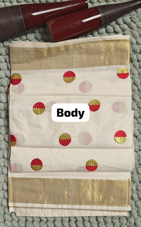 Kasavu Saree with Dual-Tone Red & Gold Embroidery body part
