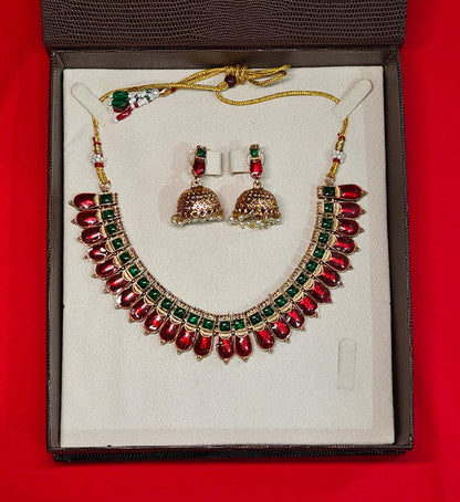 Kovai Neck Set Red With Green Design