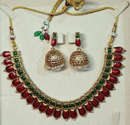 Kovai Neck Set Red With Green Design
