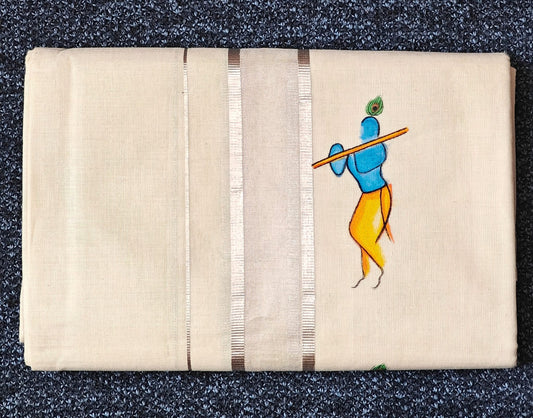 "KRISHNA" Printed Double Silver Kasavu Dothi