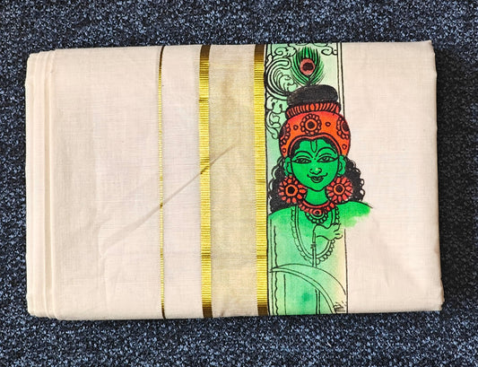 "KRISHNA" Printed Green Double Golden Kasavu Dothi